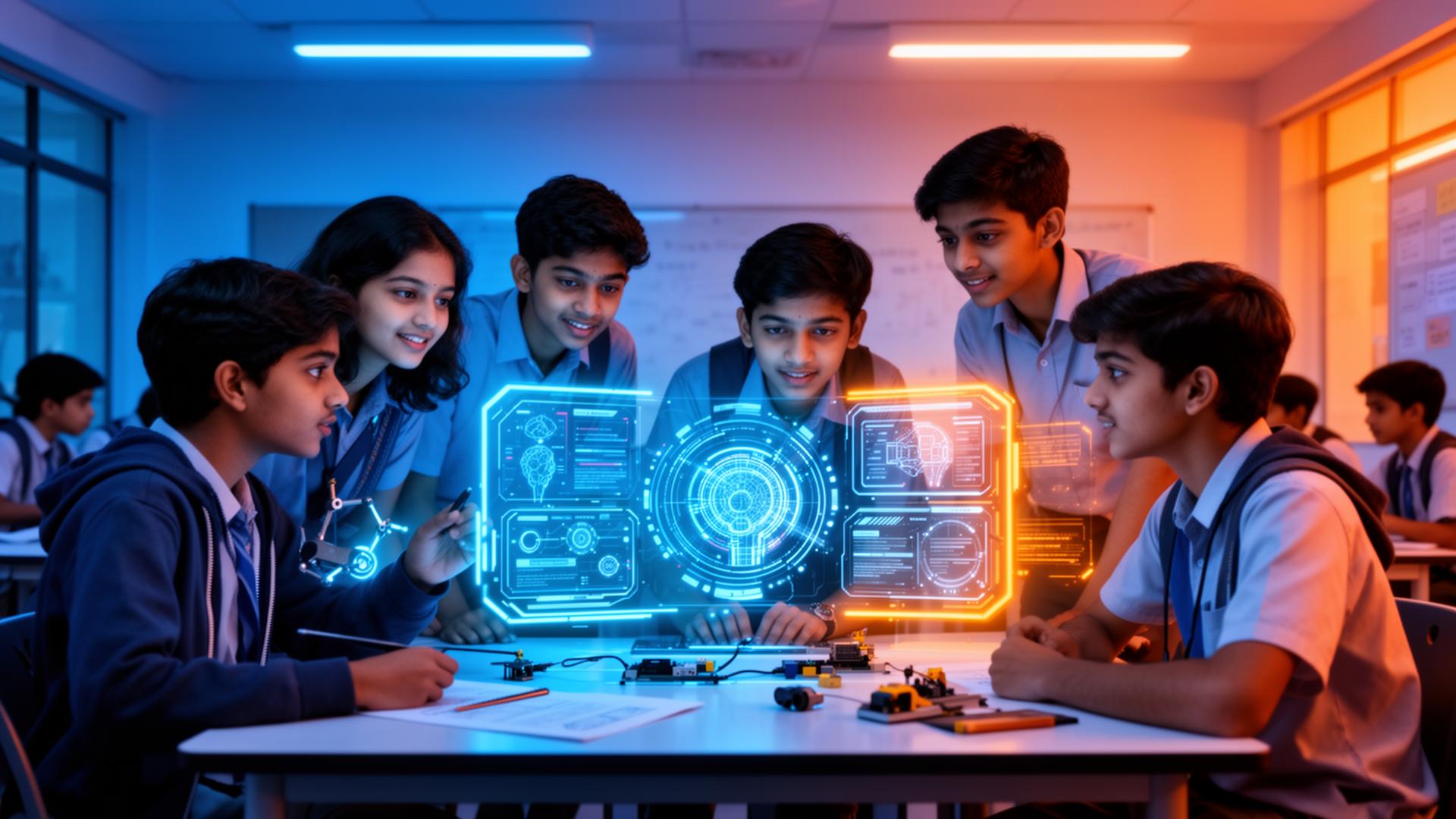 Students collaborating on a futuristic skill project